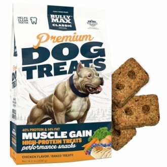 Bully Max premium dog treats for muscle gain, chicken flavor.