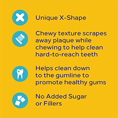 Dental chew features: unique X-shape, plaque removal, gum health, no added sugar.