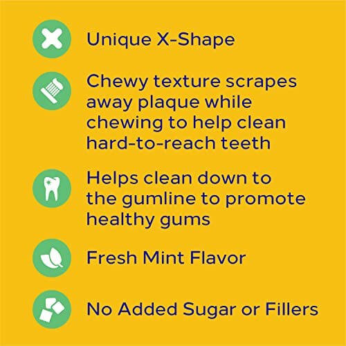 Benefits of dental chews: unique X-shape, plaque removal, gumline cleaning, fresh mint flavor, no added sugar.