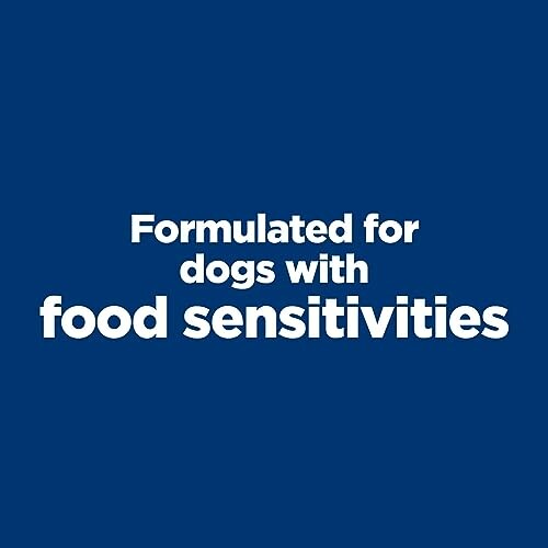 Text stating 'Formulated for dogs with food sensitivities' on a blue background.