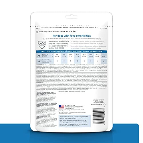 Back label of dog treats for food sensitivities with feeding guide and nutritional information.