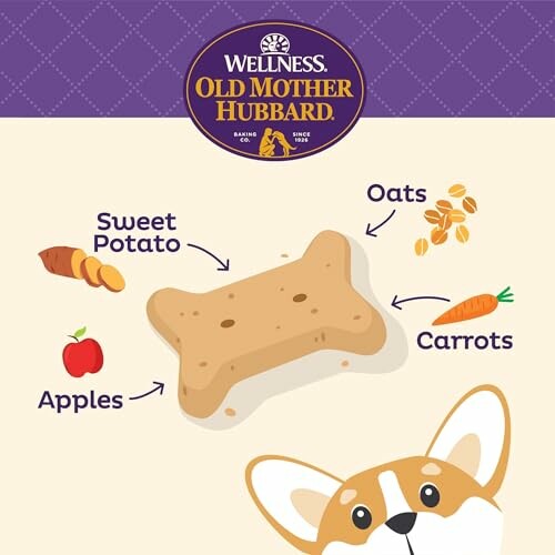 Dog treat with ingredients: sweet potato, oats, carrots, apples.