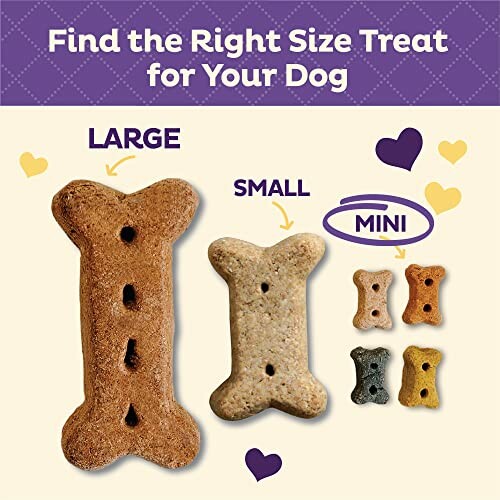 Illustration showing large, small, and mini dog treats in bone shapes with hearts.