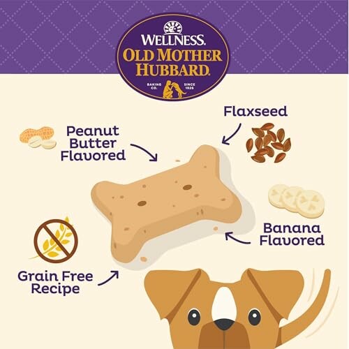 Dog treat with peanut butter, flaxseed, banana flavor, and grain-free recipe.