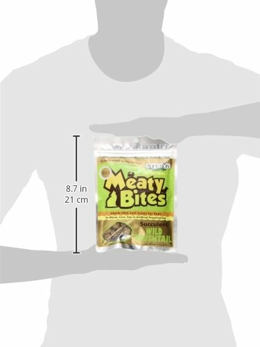 Meaty Bites dog treats packaging held by a silhouette.