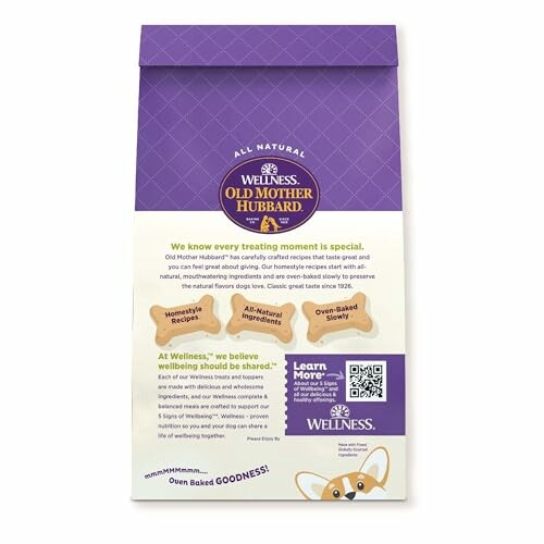 Back of Old Mother Hubbard dog treats bag with product details and QR code.