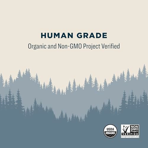 Human Grade organic and Non-GMO Project verified label with forest silhouette.