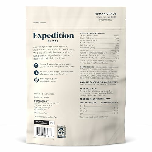 Back view of Expedition by Wag dog food package with nutritional information.