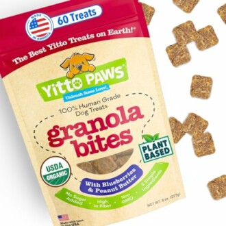 Yitto Paws granola bites dog treats with blueberries and peanut butter.